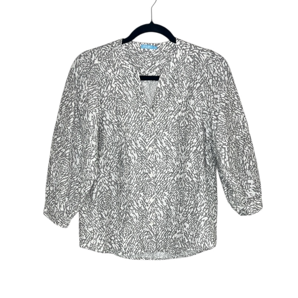 J. McLaughlin Silk Blend Balloon Sleeve Gray and white animal print top size XS